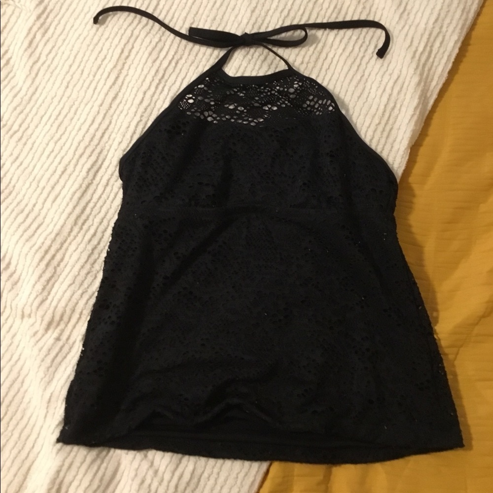 MOSSIMO halter style crocheted black tankini swim top.